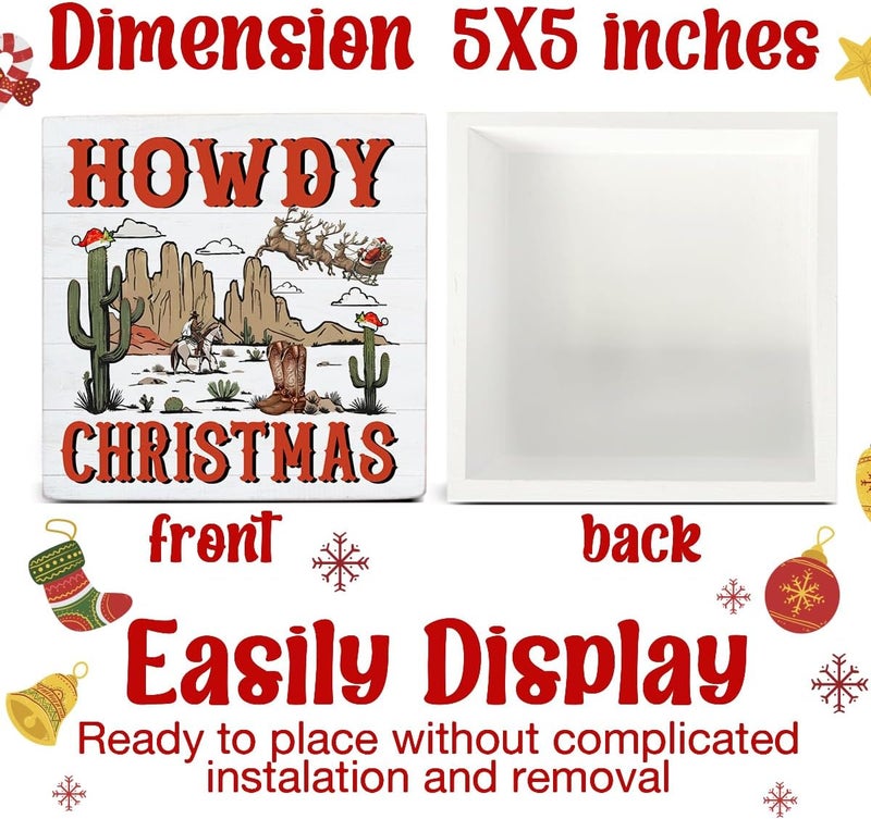 Zauly Western Christmas Decorations, Cowboy Decor Sign, Howdy Christmas Wood Sign Rustic Home Table Desk Decor (5 x 5 Inches) - Image 2
